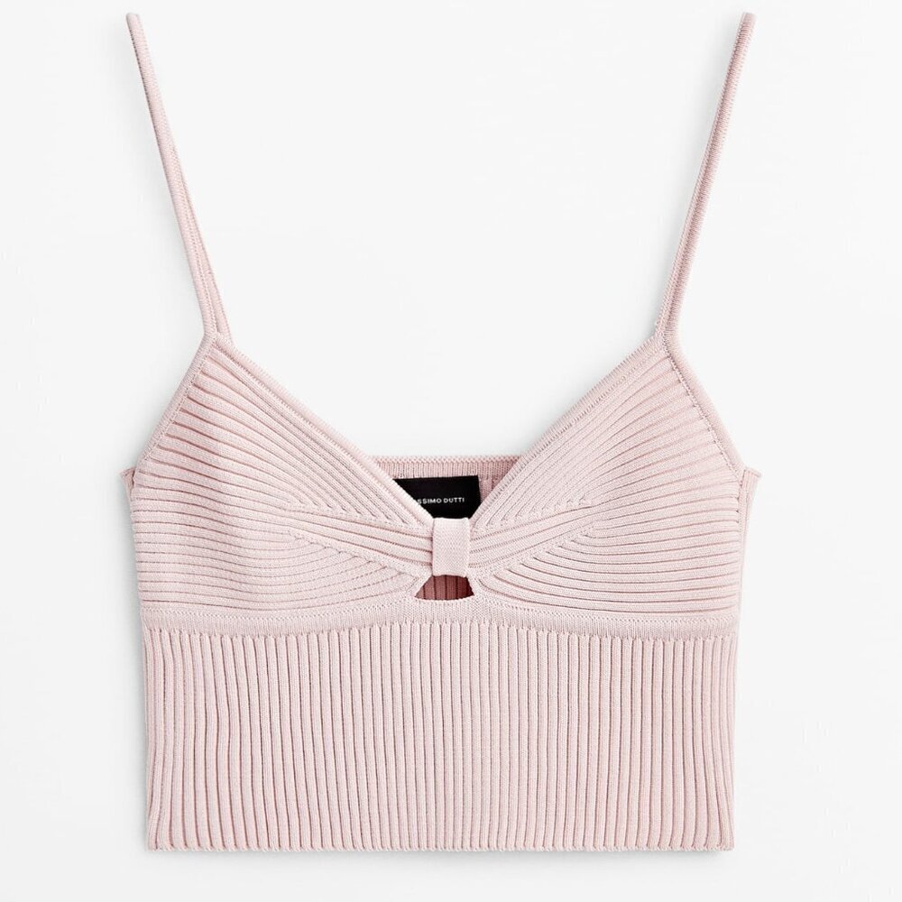 NWT. Massimo Dutti Studio Pink Viscose Blend Cropped Ribbed Cut-Out Top. Size L.